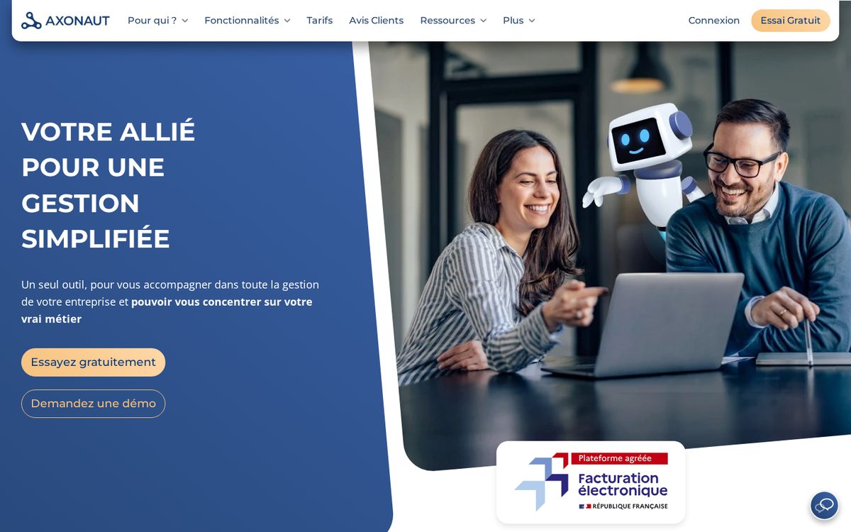 Capture d'écran de la page d'accueil de Axonaut