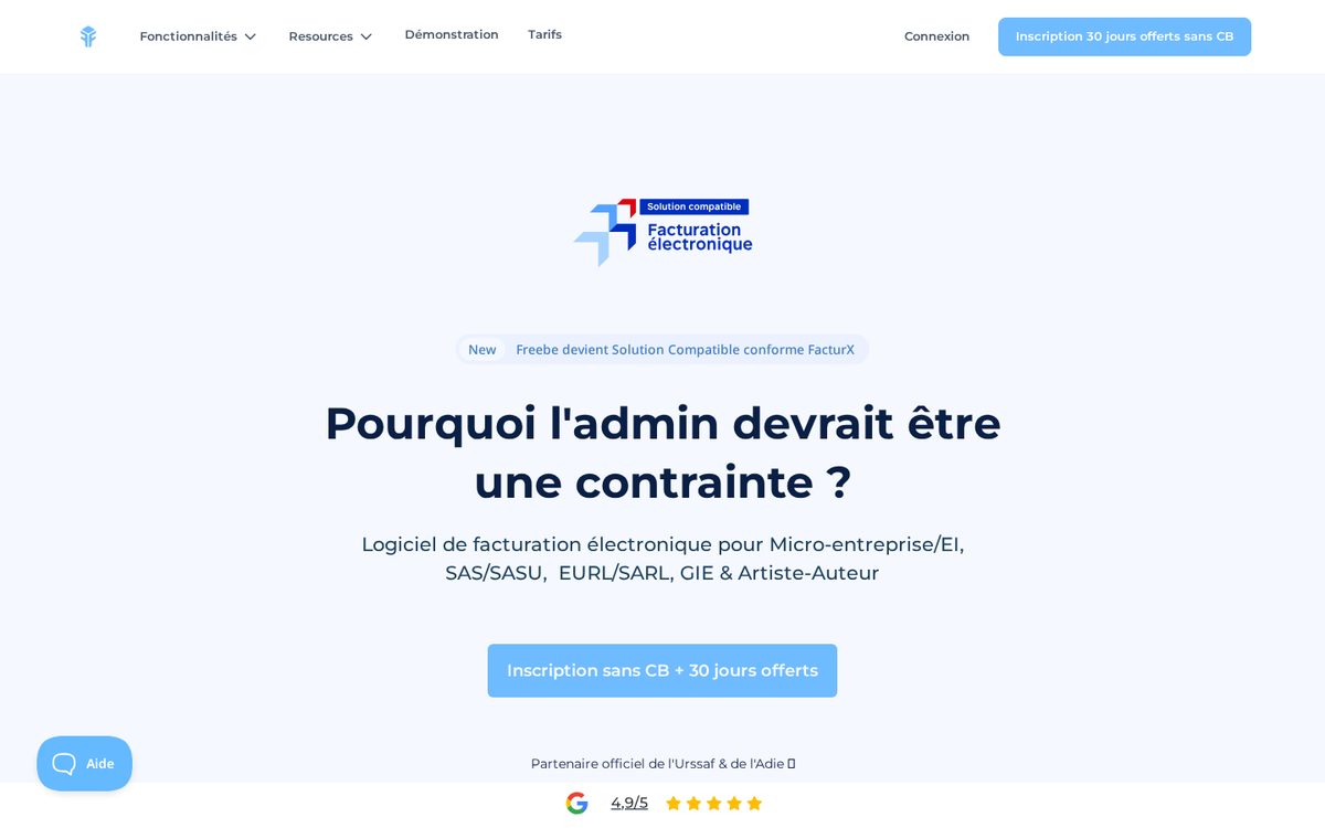 Capture d'écran de la page d'accueil de Freebe