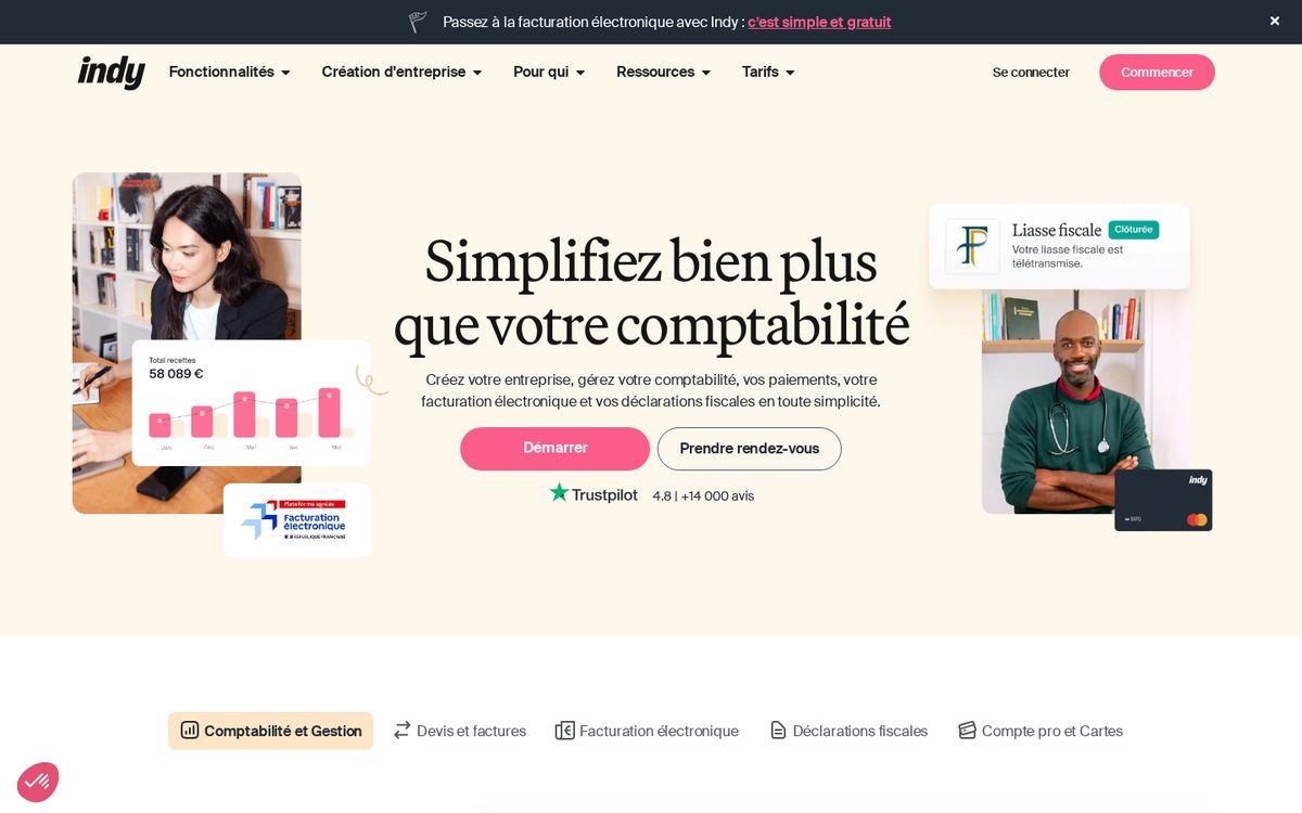 Capture d'écran de la page d'accueil de Indy