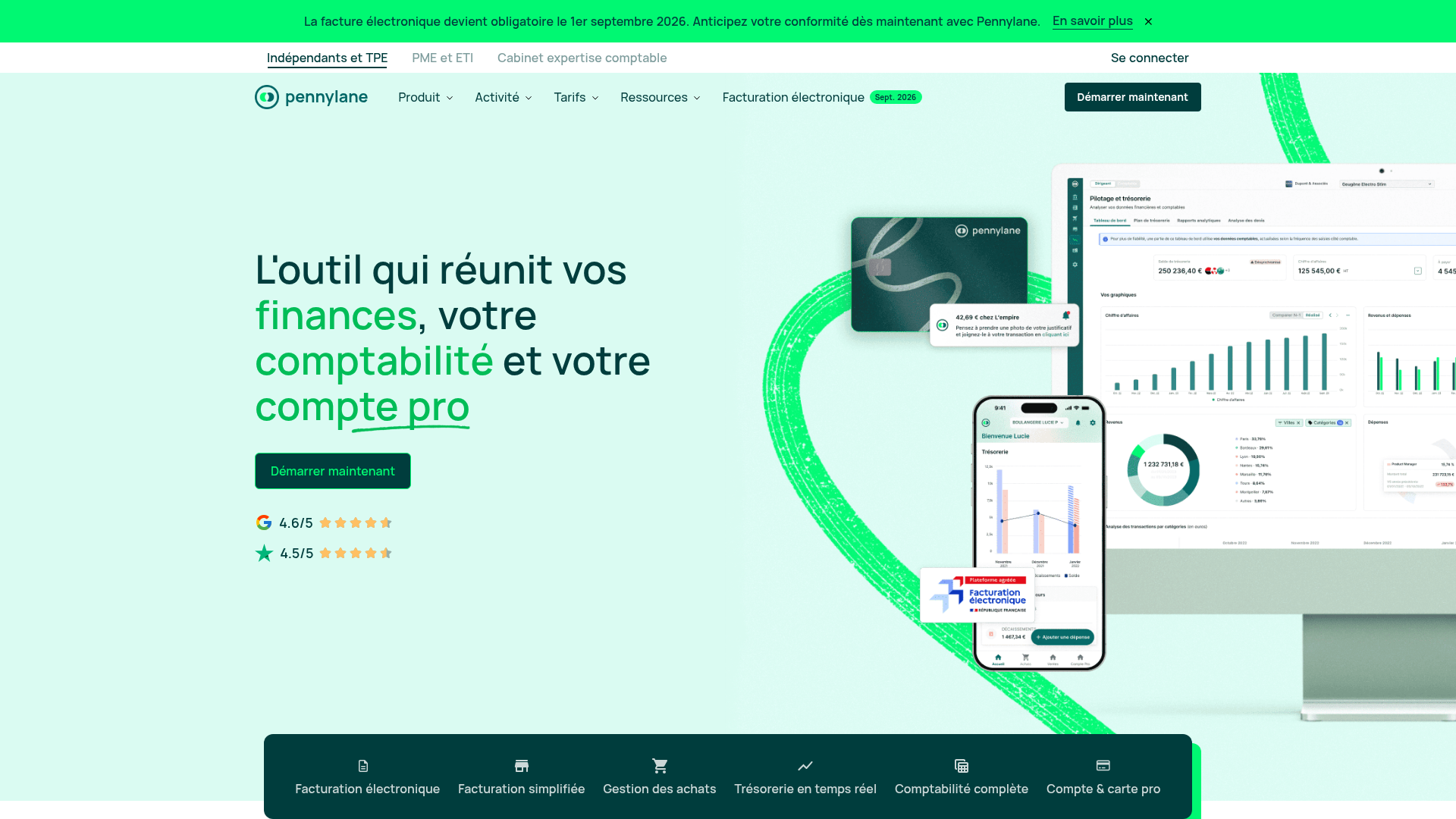 Capture d'écran de la page d'accueil de Pennylane