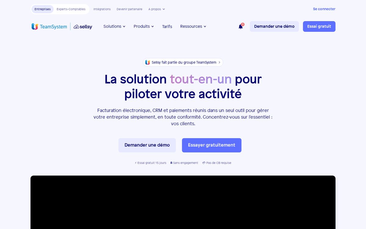 Capture d'écran de la page d'accueil de Sellsy