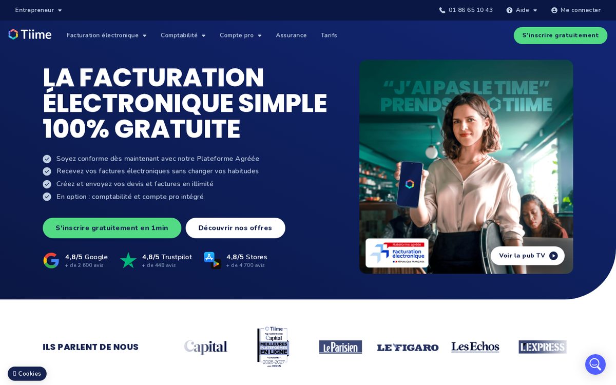 Capture d'écran de la page d'accueil de Tiime